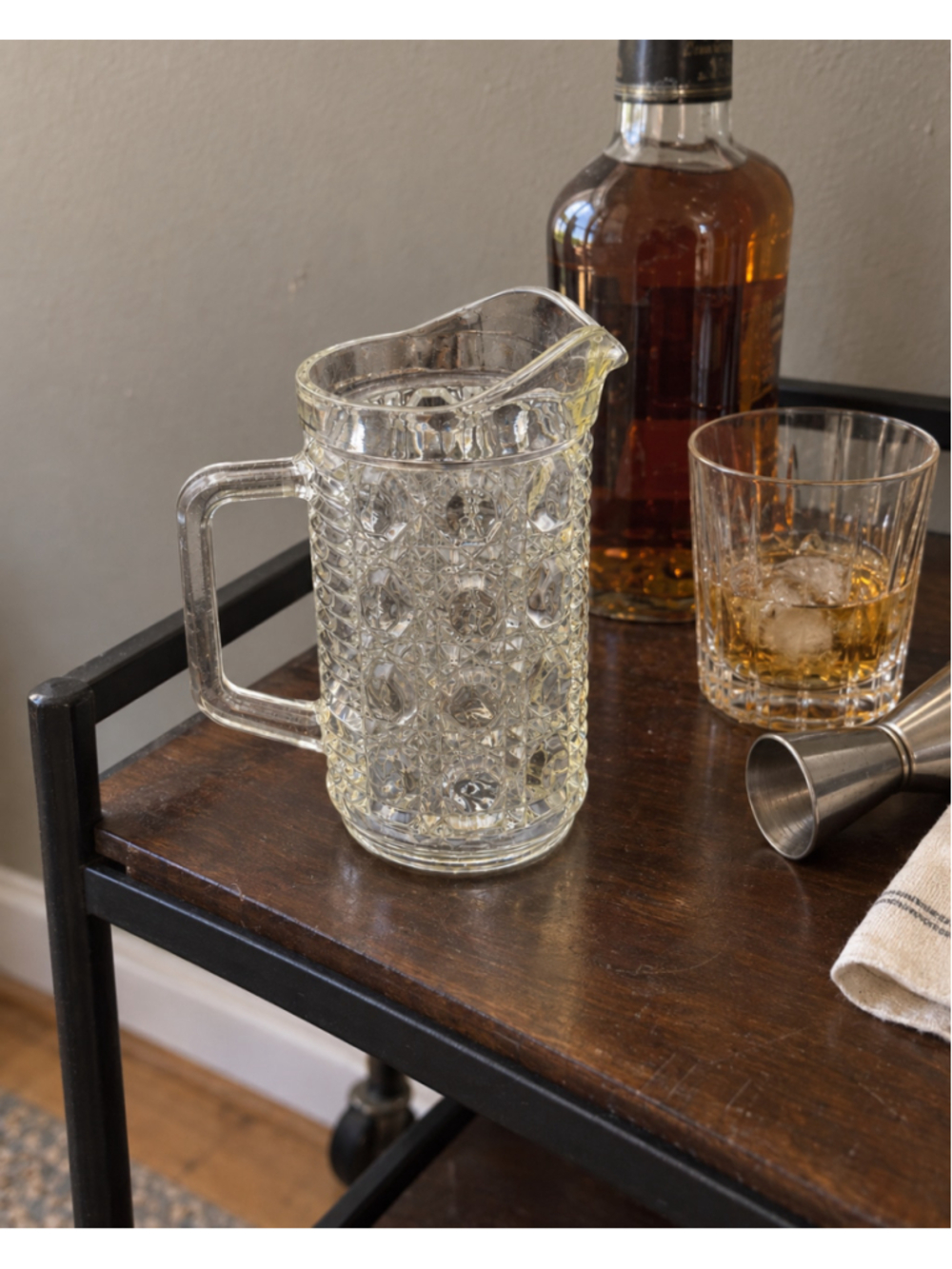 Vintage Grandmacore Glass Windsor Pint Pitcher Button Cane 6" Bar Cart Decor